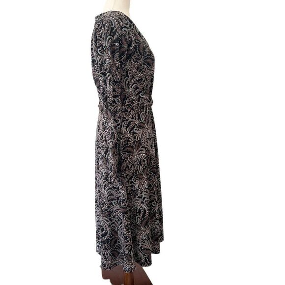 Talbots StretchyV Neck Long Sleeve Midi Dress Black, Brown, Blue Paisley - Picture 5 of 7